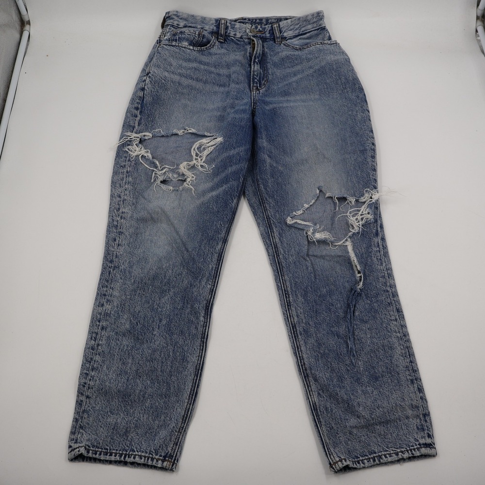 American Eagle Curvy Mom Jeans Womens 6 Blue Distressed High Rise Acid Wash